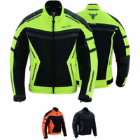 Cordura men's motorcycle summer jacket in Neon yellow color front &rear views,BLD325K, equipped with arms, shoulders, &back protectors it also features  two side pockets &is offered in two additional underlying colors