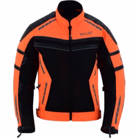 Herren-Motorradjacke BLD323J in Orange, Vorderansicht. Aus Polyestergewebe mit Polyester-Innenfutter gefertigt, ausgestattet mit Reiß- & Knopfverschluss sowie Protektoren an Armen, Schultern & Rücken für maximale Sicherheit.