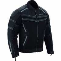 Herren-Motorradjacke in Schwarz, Seitenansicht des Arms. Aus Cordura-Polyester mit Lamm-Nappa-Lederstreifen und Polyester-Innenfutter gefertigt. Ärmelbündchen mit Reißverschluss- & Knopfverschluss für sicheren Sitz.
