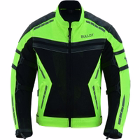Men's motorcycle jacket in Neon yellow, front view. Large mesh inserts in the chest, back, &sleeves ensure optimal air circulation &breathability. Features six pockets -2 side & 4 inside, along with multiple protectors for safety