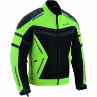 Cordura men's motorcycle summer  jacket in Neon yellow color front &rear views,BLD325K, equipped with arms, shoulders, &back protectors it also features  two side pockets &is offered in two additional underlying colors