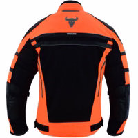 Herren-Motorradjacke BLD323J in Orange, Rückansicht. Mit Protektoren an Armen, Schultern & Rücken. Aus Polyester gefertigt, mit herausnehmbarem Innenfutter. Neonfarben & 3M-Reflexelemente sorgen für erhöhte Sichtbarkeit bei Nacht.