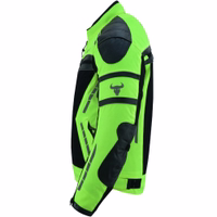Men's motorcycle jacket in Neon yellow showcases its arm side view, crafted from Cordura polyester with lamb napa leather stripes &polyester inner lining. Featuring cuffs secured with a combination of zipper &button closures