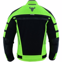 Men's motorcycle jacket in Neon yellow, rear view, BLD323J, equipped with arms, shoulders, &back protectors. Crafted from polyester fabric, it features a removable inner lining. Neon colors &3M reflective elements enhance visibility in the dark