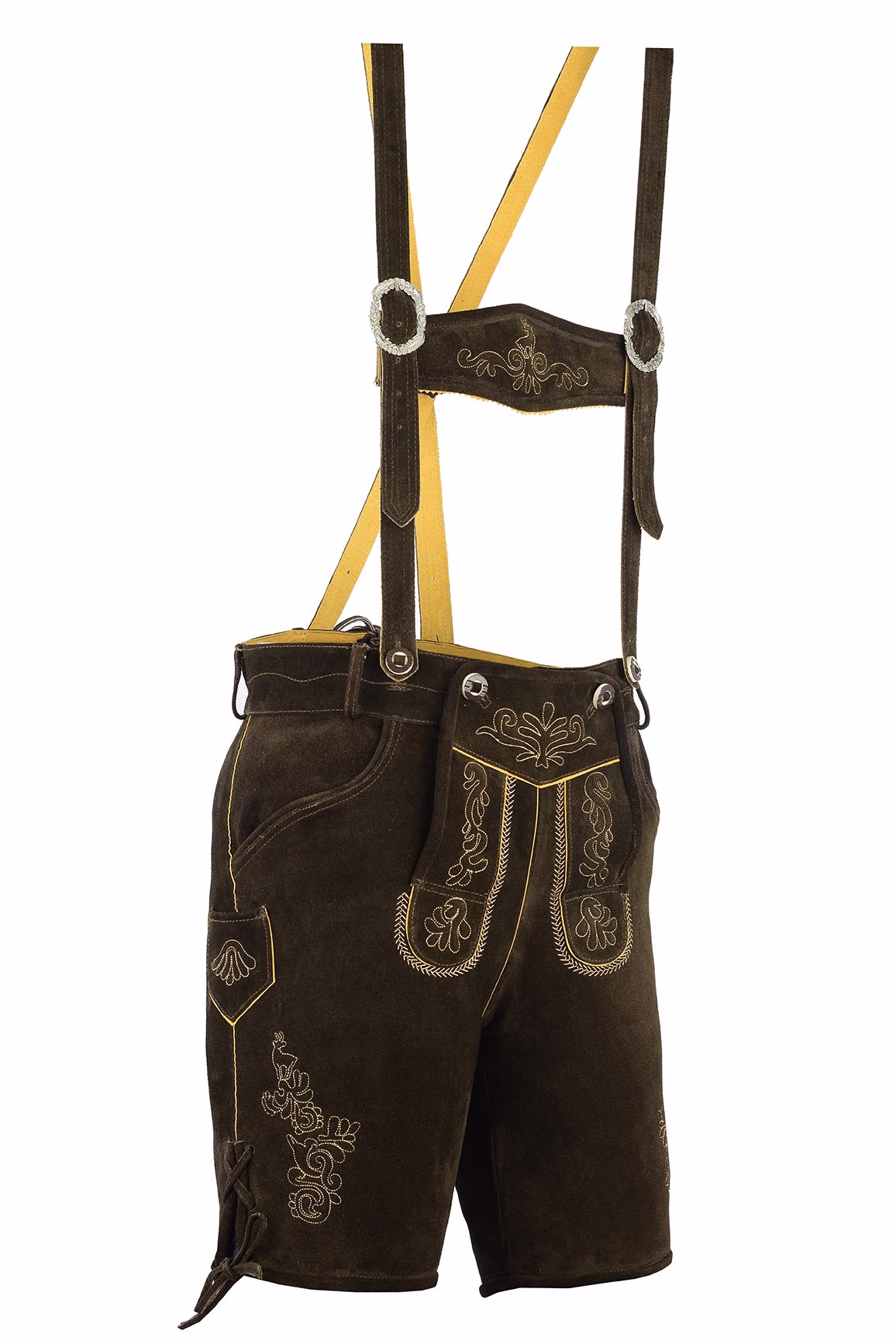Traditionelle kurze Lederhose mit Hosenträgern Seitenansicht der Traditionellen Dunkelbraunen Kurzen Lederhosen mit Hosenträgern aus hochwertigem Wildleder mit kunstvoller Stickerei für klassisches Trachten Outfit und Festival Mode jetzt kaufen online