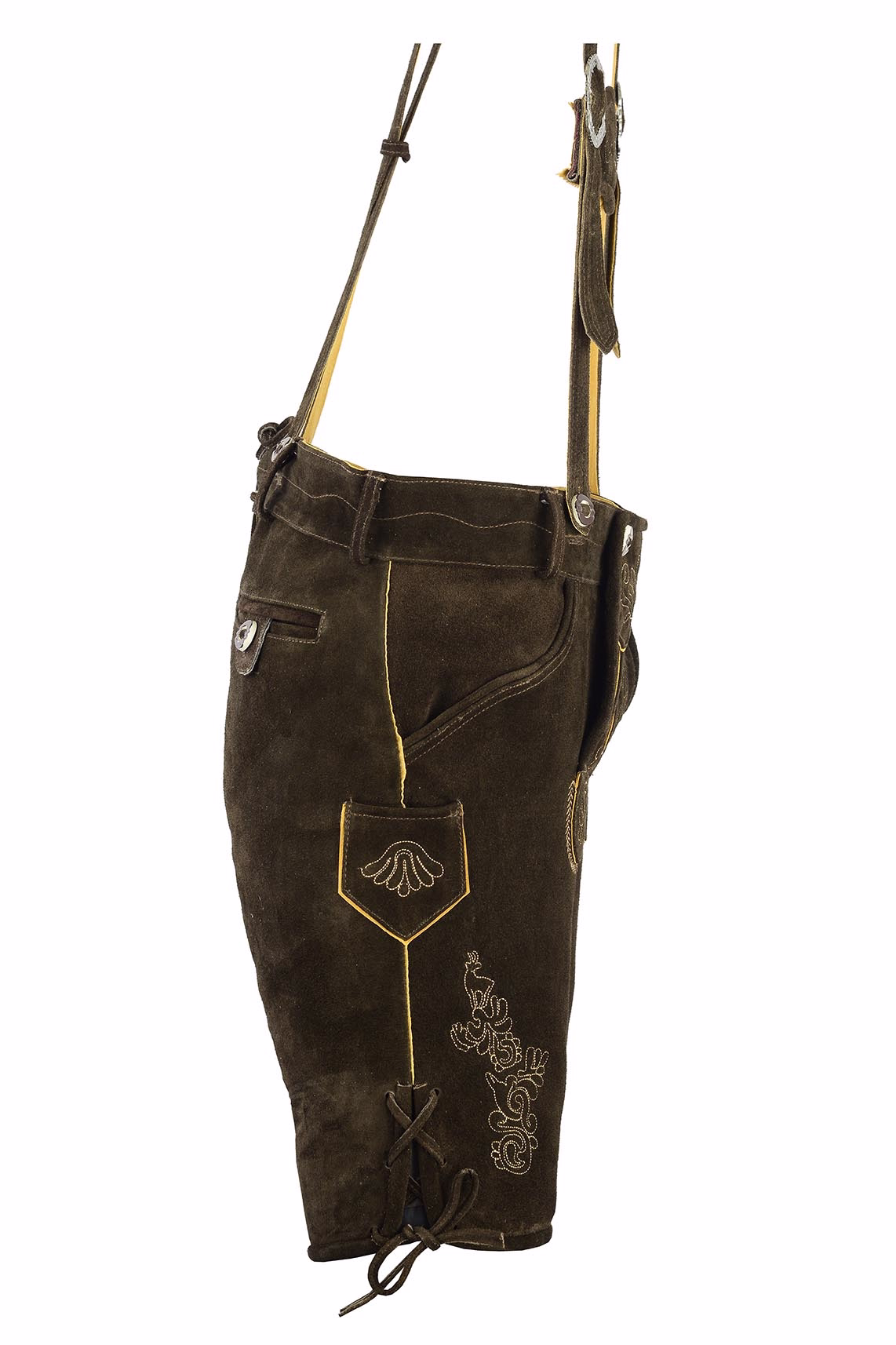 Traditionelle kurze Lederhose mit Hosenträgern Die Traditionellen Dunkelbraunen Kurzen Lederhosen mit Hosenträgern hergestellt aus echtem Wildleder mit Stickerei perfekt für Herren Trachtenmode und bayrisches Outfit zum Oktoberfest jetzt online kaufen