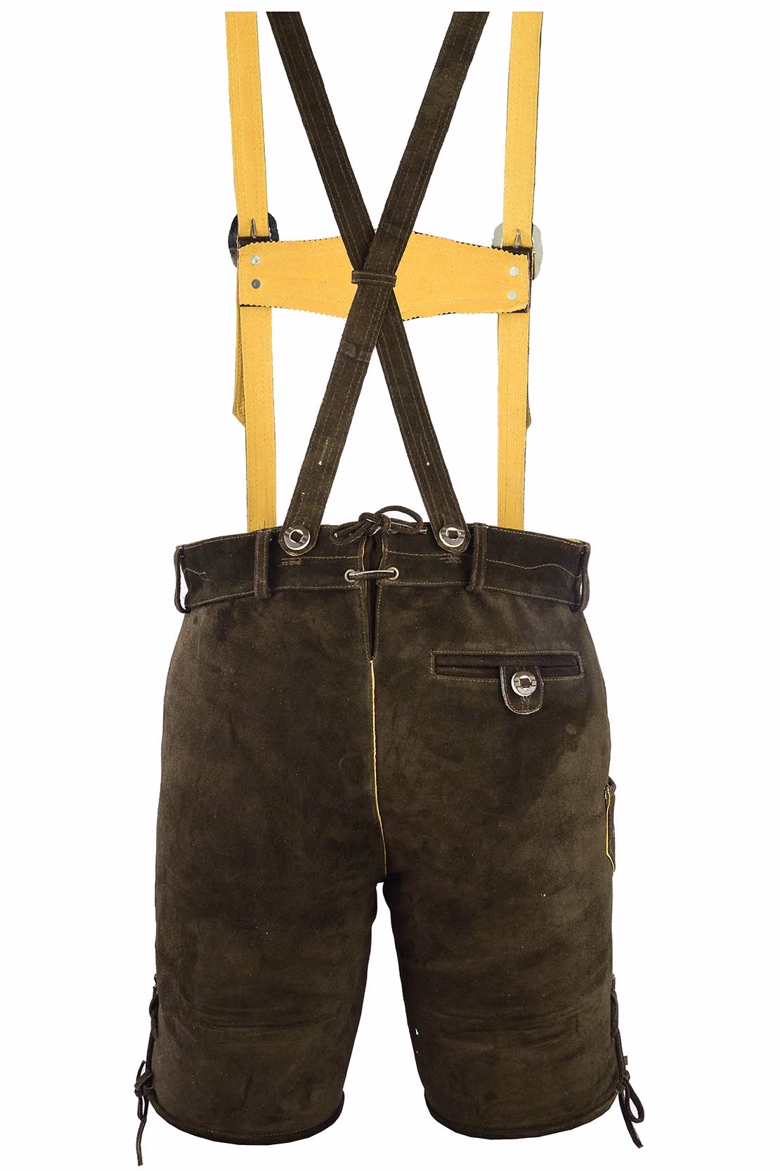 Traditionelle kurze Lederhose mit Hosenträgern Rückansicht der Traditionellen Dunkelbraunen Kurzen Lederhosen mit Hosenträgern aus hochwertigem Wildleder mit kunstvoller Stickerei für Herren Trachtenmode und Festbekleidung jetzt online kaufen