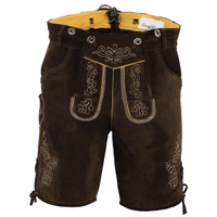 Traditionelle kurze Lederhose mit Hosenträgern Vorderansicht der Traditionellen Dunkelbraunen Kurzen Lederhosen gefertigt aus hochwertigem Wildleder mit handgefertigter Stickerei und passenden Hosenträgern für Trachtenmode jetzt kaufen heute