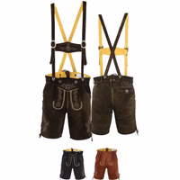 Traditionelle kurze Lederhose mit Hosenträgern Vorder und Rückansicht der Traditionellen Dunkelbraunen Kurzen Lederhosen mit Hosenträgern aus echtem Wildleder mit Stickerei perfekt für Trachten Outfit und Oktoberfest Bekleidung jetzt online kaufen