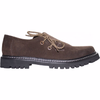 Bayerische Lederschuhe Seitenansicht von Haferl-Lederschuhen – traditionelle, handgefertigte seitlich geschnürte Lederschuhe aus echtem Rauleder (Rindsleder), 100 % Leder mit Blockabsatz für zeitlosen Stil und Komfort.