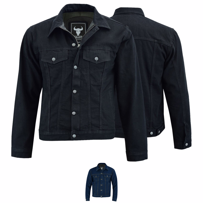 Denim Jacket Motorcycle Jacket Trucker Jacket Denim Jacket with Protectors Denim Black, the front and rear-view BLD324J men's motorcycle jacket is equipped with protectors. Crafted meticulously from cotton fabric with a polyester inner lining, it features front with buttons and brass YKK zip