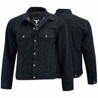 Herren Motorradjacke in Schwarz, Modell BLD324J Denim – Vorder- und Rückansicht. Sorgfältig aus Baumwollstoff mit Polyester-Innenfutter gefertigt, mit Protektoren für Arme, Brust, Schultern und Rücken.