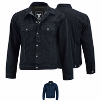Denim Schwarz – Vorder- und Rückansicht der BLD324J Herren-Motorradjacke. Mit Protektoren ausgestattet, sorgfältig aus Baumwollstoff mit Polyester-Innenfutter gefertigt. Vorderseite mit Knöpfen und Messing-YKK-Reißverschluss.
