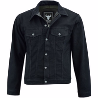 Jeansjacke Motorradjacke Truckerjacke Jeansjacke mit Protektoren Denim Schwarz – Vorderansicht der BLD324J Herren-Motorradjacke. Mit Protektoren ausgestattet, sorgfältig aus Baumwollstoff mit Polyester-Innenfutter gefertigt. Vorderseite mit Knöpfen und Messing-YKK-Reißverschluss.