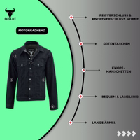 Jeansjacke Motorradjacke Truckerjacke Jeansjacke mit Protektoren Schwarz Denim – Vorderansicht der BLD324J Herren-Motorradjacke. Mit Reißverschluss- und Knopfverschlüssen. Ausgestattet mit Schulter- und Ellenbogenprotektoren, gefertigt aus 100% Baumwolle mit Polyester-Innenfutter. Zusätzlich mit seitlichen Taschen.