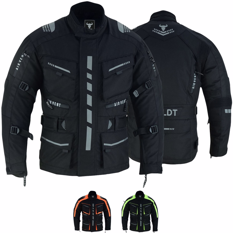 BULLDT Motorradjacke Cordura-Textiljacke Bikerjacke BLD325J Cordura Herren-Motorradjacke in Schwarz, Modell BLD325J, Vorder- und Rückansicht. Ausgestattet mit Protektoren an Schultern, Brust, Ellbogen und Rücken. Mit Fronttaschen, die sowohl mit Druckknöpfen als auch mit einem 3-D-Reißverschluss verschlossen werden