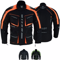 Cordura Herren-Motorradjacke in Neon-Orange, Modell BLD325J, Vorder- und Rückansicht. Ausgestattet mit Protektoren an Schultern, Brust, Ellbogen und Rücken. Mit Fronttaschen, die sowohl mit Druckknöpfen als auch mit einem 3-D-Reißverschluss verschlossen we