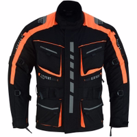 Herren-Motorradjacke, Modell BLD325J, Vorderansicht in Neon-Orange. Gefertigt aus winddichtem Polyestergewebe mit Polyester-Innenfutter. Verstellbarer Zweiteilgürtel, Reflektoren für bessere Sichtbarkeit, inklusive 3M Scotchlite-Reflektoren an den Säumen.