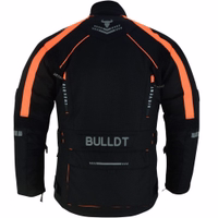 Cordura Textil-Motorradjacke in Neon-Orange, Modell BLD325J, Rückansicht. Ausgestattet mit zahlreichen geprüften Protektoren. Gefertigt aus Polyestergewebe mit Polyester-Innenfutter. Passend mit Hose kombinierbar und per Reißverschluss zum Motorradanzug er