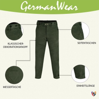 Produktmerkmale der Buffalo-Lederhose in Dunkelgrün: Messertasche, Gürtelschlaufen, feines Futter und stabiler Reißverschluss – zuverlässig für Outdoor-Einsätze. Jetzt sichern.