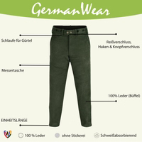 Die Buffalo-Lederhose in Dunkelgrün vereint verstellbaren Bund, praktische Messertasche und zeitlosen Outdoor-Stil für Jäger und Wanderer. Jetzt online kaufen.
