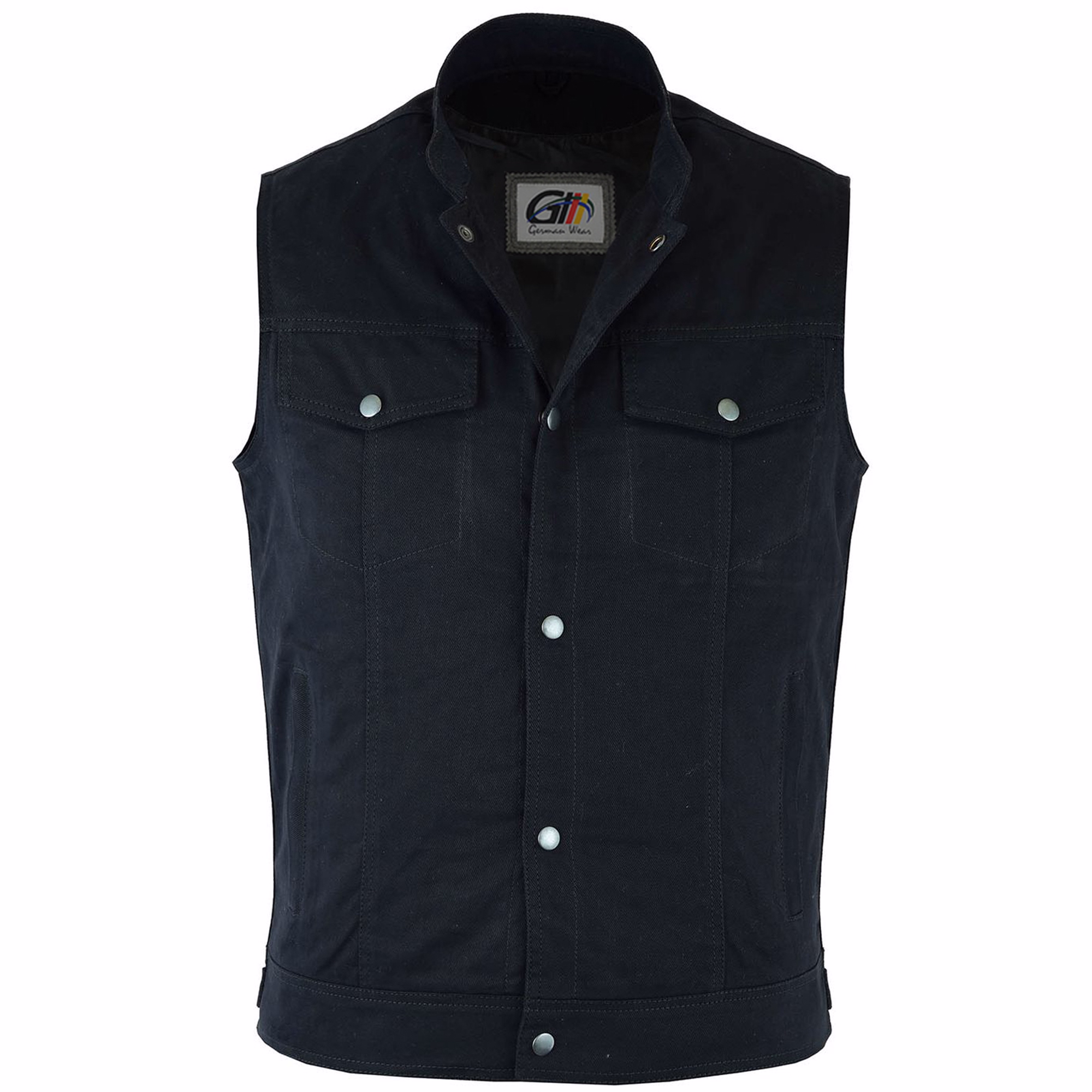 Frontansicht der Denim-Kapuze. Setzen Sie ein Statement mit der Denim Biker-Kapuzenweste. Premium-Denimstoff & Lamm-Nappa-Lederstreifen für unvergleichliche Qualität & Haltbarkeit.
