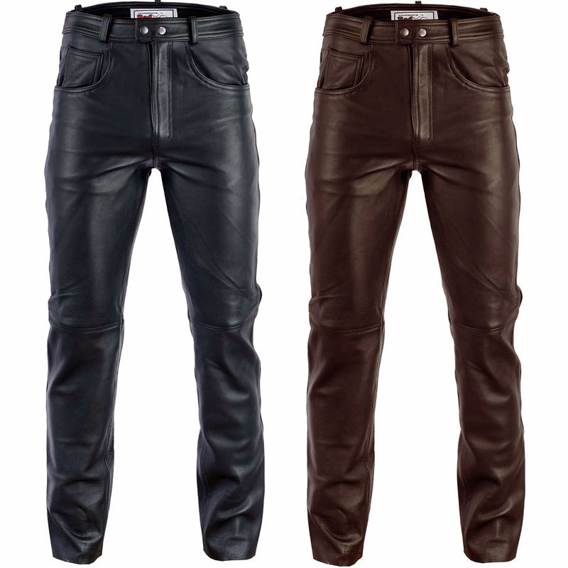 Herren-Lederhose, maßgefertigt aus echtem Leder. Front- und Rückansicht der schwarzen, maßgefertigten Herren-Lederhose GW870. Aus echtem Büffelleder gefertigt, bietet sie unvergleichlichen Komfort und Stil. Perfekt für maßgeschneiderte Motorradkleidung.