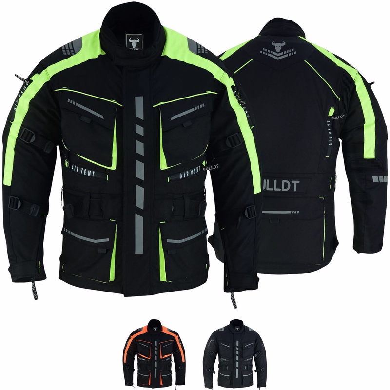 Customised Motorcycle Leather Jacket for Motorbike Customise Cordura men's motorcycle jacket neon yellow color front &rear views,BLD325J, equipped with shoulder, chest, elbow, &back protectors, features front pockets that are closed with press studs &also with a 3-D zipper