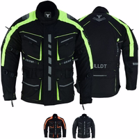 Cordura men's motorcycle jacket neon yellow color front &rear views,BLD325J, equipped with shoulder, chest, elbow, &back protectors, features front pockets that are closed with press studs &also with a 3-D zipper