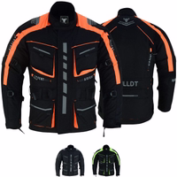 Cordura men's motorcycle jacket neon orange color front &rear views,BLD325J, equipped with shoulder, chest, elbow, &back protectors, features front pockets that are closed with press studs &also with a 3-D zipper
