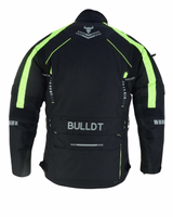 Cordura textile motorcycle jacket in neon yellow color rear view,BLD325J, equipped with numerous approved protectors. Crafted from polyester fabric with a polyester inner lining. Jacket comes with matching trousers, &it zips up to become a motorbike suit