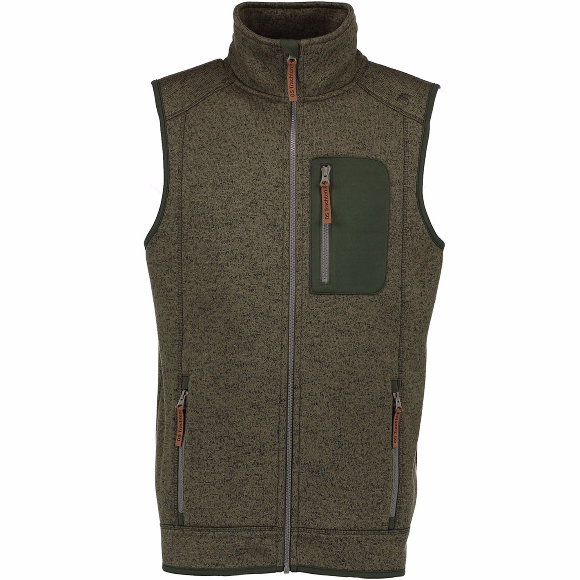 Herren-Jagdweste in Olivgrün mit elegantem Design, ausgestattet mit Frontreißverschluss, Brusttasche und seitlicher Reißverschlusstasche. Diese ärmellose Weste aus 100 % Polyester-Fleece vereint Eleganz und Funktionalität – ideal für Freizeit und Outdoor-A