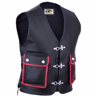 Front view of Red Vest. Unleash your biker spirit with greatest supreme Leather Vest. Made from real cowhide, it offers both style &functionality. Complete with zip &inner pockets, it's the perfect companion for your ride. Free Return Worldwide