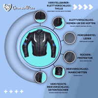 Vorderansicht der blauen Motorrad-Chopper-Jacke, sorgfältig aus Leder gefertigt mit Polyester-Innenfutter. Ausgestattet mit zahlreichen Protektoren und versteckten Seitentaschen mit Reißverschluss. Am Ende des Reißverschlusses mit einem Klettverschluss ges