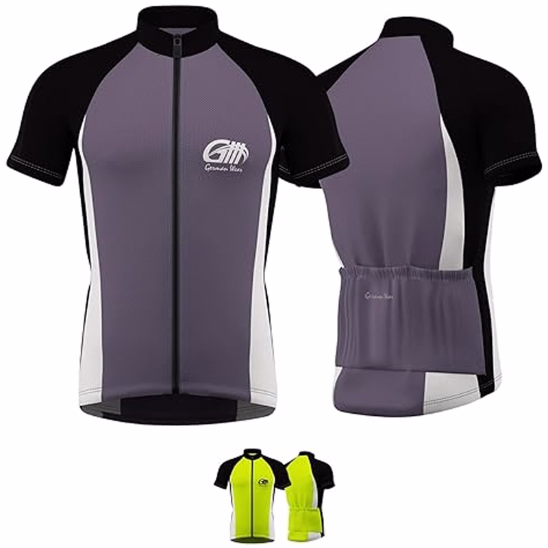 Men's cycling jersey Grey Green Front view of a men's cycling jersey in gray, made from 100% elastane. This lightweight and windproof German-designed jersey features three back pockets and elastic fabric for a comfortable fit.