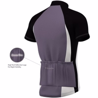 Rear view of a gray cycling jersey featuring short sleeves and three back pockets. The jersey is made from 100% elastane, offering a breathable and flexible fit. It includes a reflective German logo for added visibility.