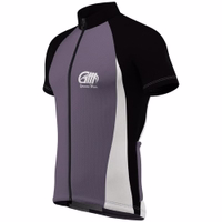 A side view of a men's cycling jersey features a stand-up collar and short sleeves. The jersey is gray with white and black accents. It includes "German Wear" written across the chest and is made from 100% elastane, designed to be windproof.