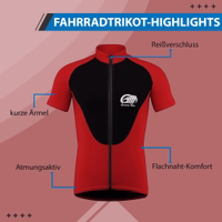 Herren-Radsporttrikot Seitenansicht eines Herren-Radsporttrikots mit durchgehendem Reißverschluss und kurzen Ärmeln. Das Trikot ist überwiegend rot mit schwarzen Akzenten und besteht aus 100 % Elasthan. Es ist atmungsaktiv und winddicht.