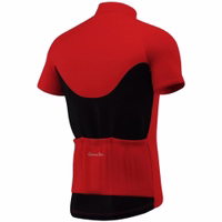 Herren-Radsporttrikot Rückansicht eines roten Radsporttrikots mit kurzen Ärmeln und Rückentasche. Hergestellt aus 100 % Elasthan für Atmungsaktivität und winddichte Leistung. Ideal für Radfahrer. Online bestellen und kostenlosen Versand bei allen Bestellungen genießen.