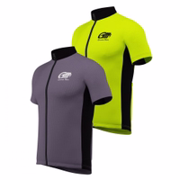 High-Performance Cycling Jersey gary and green, Featuring Stand-Up Collar and Reinforced Seams. Ideal Activewear for Cycling Enthusiasts.