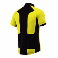 Herren-Radsporttrikot in Grau-Gelb Rückansicht eines neon-gelben Radsporttrikots von German Wear, mit Rückentaschen für praktischen Stauraum und reflektierenden Streifen für erhöhte Sichtbarkeit.