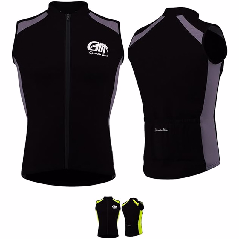 Men's cycling jersey Grey Green Front and back views of a gray and black cycling vest from German Wear. This sleeveless vest boasts high-visibility reflective material and is made from breathable fabric, offering both comfort and optimal performance on your rides.