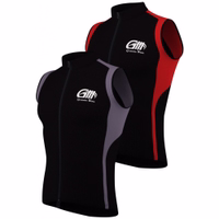 Men's cycling jersey Grey Red Two sleeveless cycling vests with a front zipper and 'German Wear' logo on the chest. One vest features a black and red color scheme, while the other combines black with gray accents.