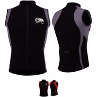 Men's cycling jersey Grey Red Front and back views of a gray and red cycling vest from German Wear. This vest features a sleeveless design, high-intensity reflective material, and is crafted from breathable fabric to ensure both comfort and performance during your rides