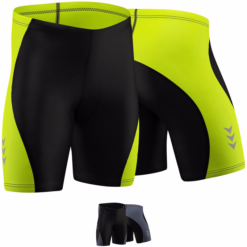 Herren-Radshorts in Grau und Grün Vorder- und Rückansicht der grünen Herren-Radshorts: weiches, atmungsaktives Coolmax-Gewebe, gepolstert für Komfort, nahtloses Design und elastischer Bund. Diese leistungsstarken Biker-Shorts sind stilvoll und langlebig gefertigt und spiegeln die Qualität