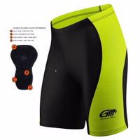 Herren-Radshorts in Grau und Grün Seitenansicht der grünen Herren-Radshorts aus 100 % Elastan. Diese Shorts bieten eine bequeme Passform mit weicher Lederpolsterung für zusätzlichen Komfort. An der Seite prangt der Schriftzug „German Wear“, der die perfekte Passform und Qualität unterstrei