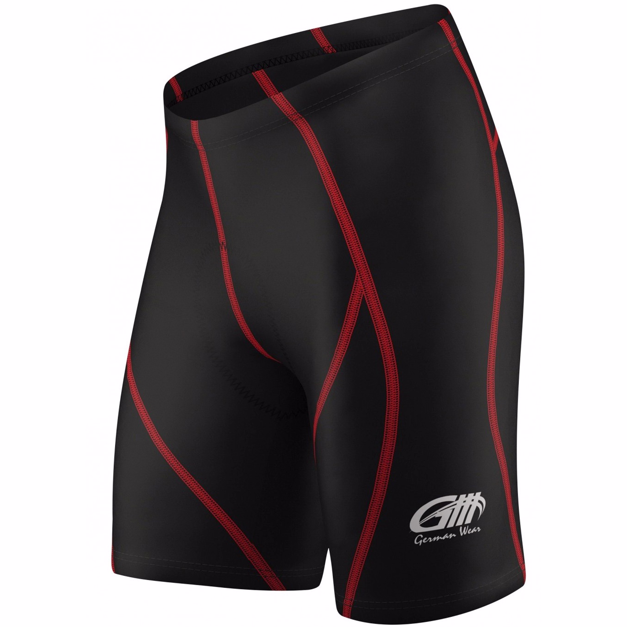 Seitenansicht der gelben gepolsterten Radhose, atmungsaktives Lycra, Coolmax-Material, ergonomisches nahtloses Design, elastischer Bund, leicht und feuchtigkeitstransportierend für den Radsport