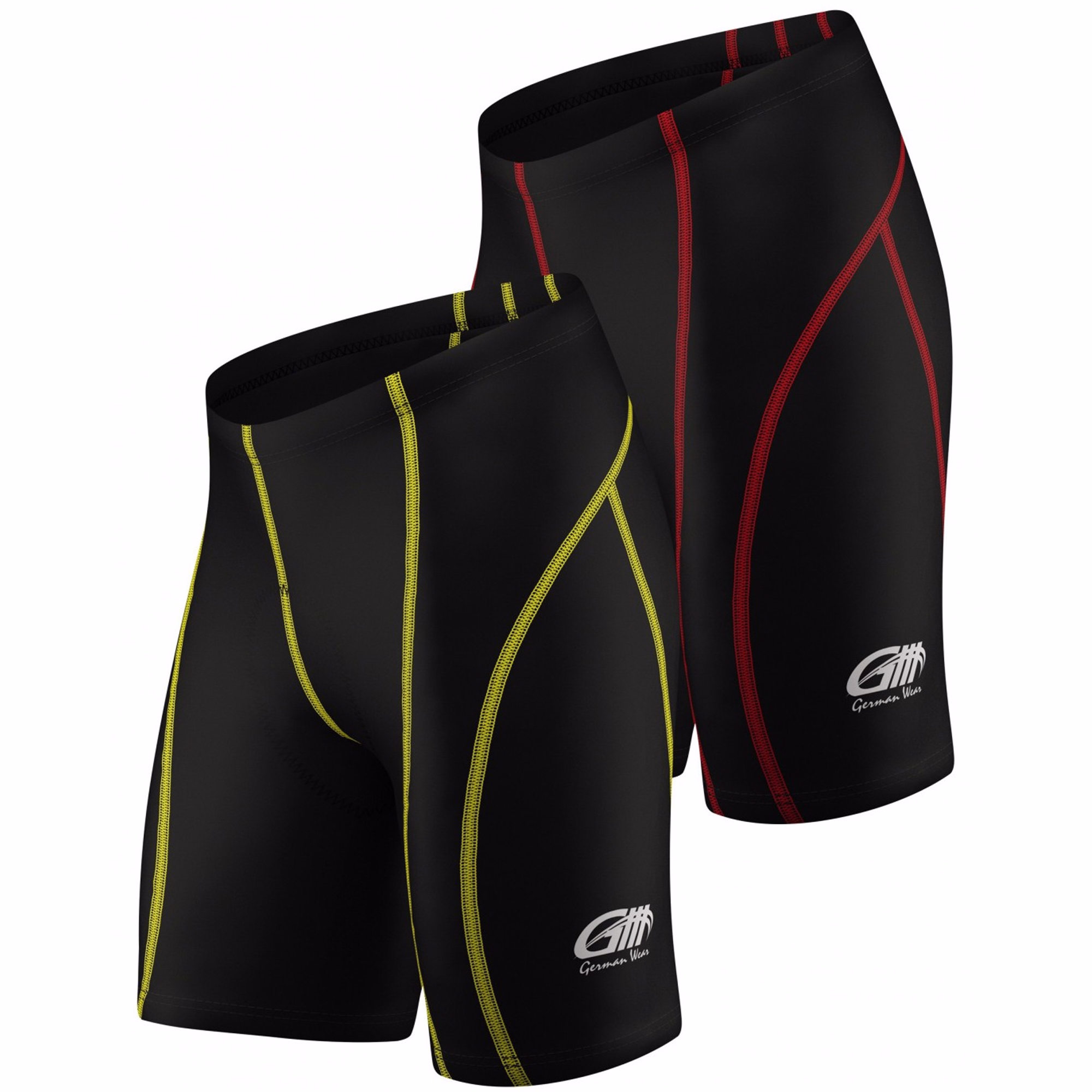 Vorderansicht der Radhose in allen verfügbaren Farben, atmungsaktives Lycra, Coolmax-Polsterung, ergonomische nahtlose Passform, leicht, elastisch und feuchtigkeitstransportierend für ganztägige Fahrten.