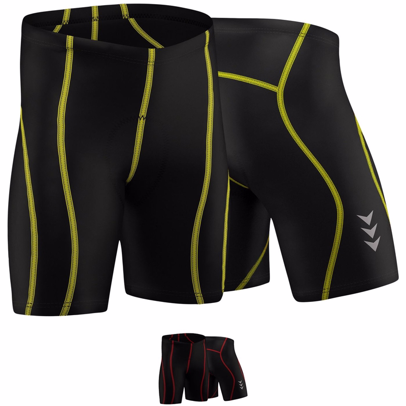 Gepolsterte Herren Coolmax Radler-Short Vorder- und Rückansicht der roten gepolsterten Radhose für Männer und Damen, atmungsaktives Lycra- und Coolmax-Material, ergonomische nahtlose Passform, leicht und feuchtigkeitstransportierend.