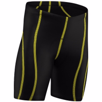 Side view of red cycling shorts, breathable Lycra and Coolmax fabric, ergonomic seamless design, elastic waistband, lightweight and moisture-wicking for long rides